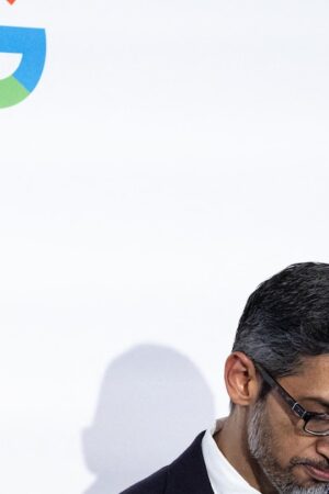 Sundar Pichai, le PDG d'Alphabet lors de l'inauguration d'un centre d'intelligence artificielle Google à Paris, en février 2024.