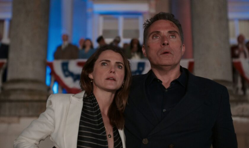 (R-L) Keri Russell and Rufus Sewell in The Diplomat. Pic: Netflix