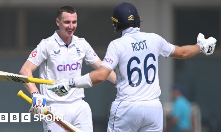 Joe Root and Harry Brook embrace