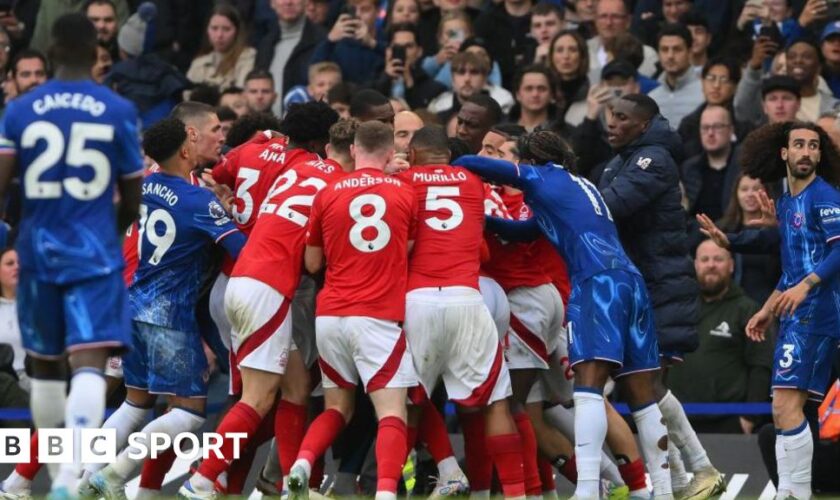 Players clash in Chelsea and Nottingham Forest's Premier League game