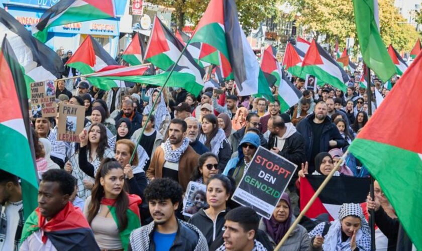 Kurz vor dem Jahrestag des Überfalls der Hamas auf Israel mit mehr als 1.200 Toten demonstrieren in Hamburg knapp 1000 propaläst