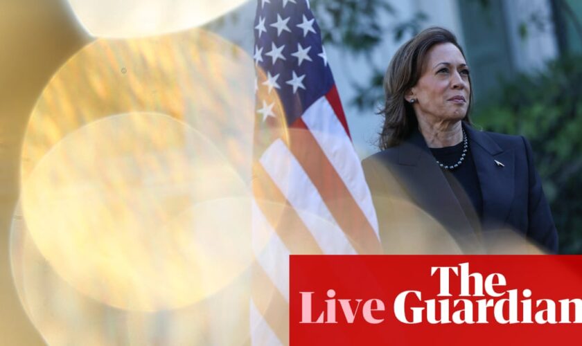 Harris takes narrow lead over Trump in new poll as swing states still tight – US politics live