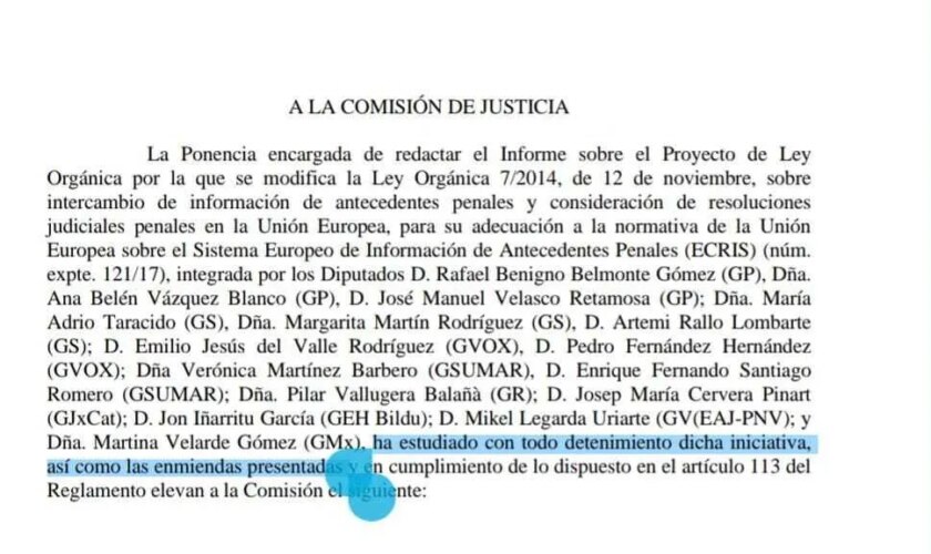 Los ponentes del PP y Vox firmaron haber "estudiado con todo detenimiento" la reforma que beneficia a los etarras, y todas "las enmiendas presentadas"