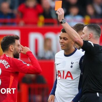 Manchester United's Bruno Fernandes is sent off in a Premier League match against Tottenham at Old Trafford