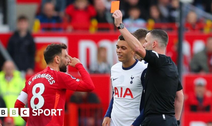 Manchester United's Bruno Fernandes is sent off in a Premier League match against Tottenham at Old Trafford