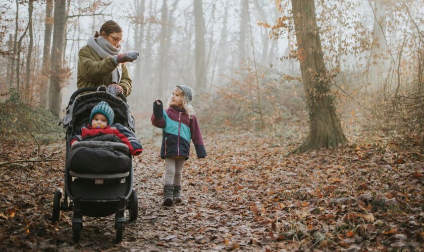 Winterfußsack: Mutter streichelt ihr Kleinkind, das im Buggy in einem Winterfußsack liegt