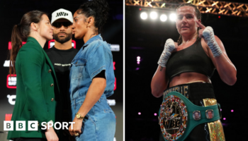 Split image, Katie Taylor faces off with Amanda Serrano, Chantelle Cameron poses with a WBC title in the ring