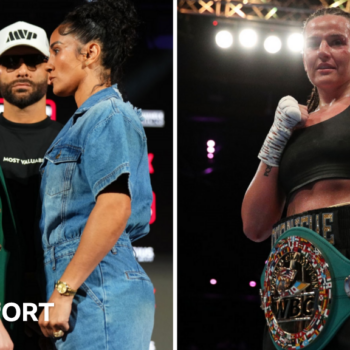 Split image, Katie Taylor faces off with Amanda Serrano, Chantelle Cameron poses with a WBC title in the ring