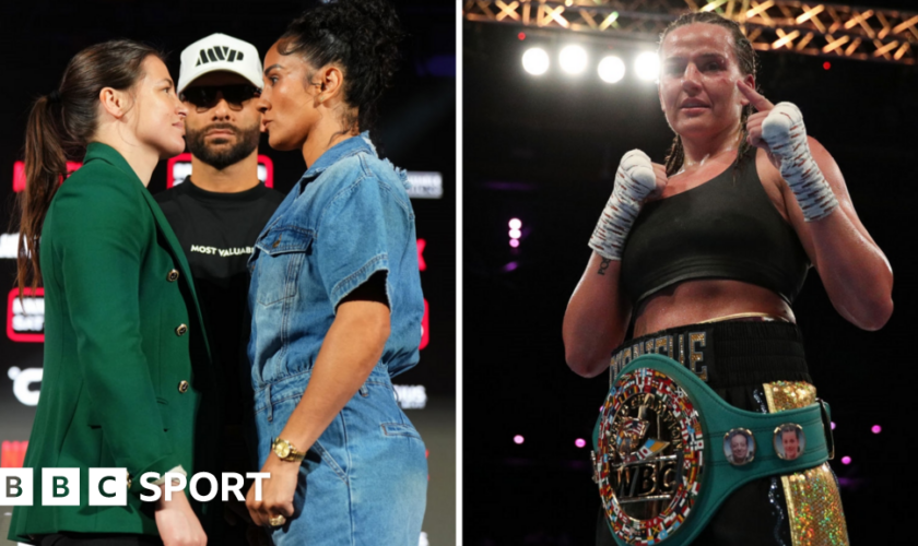 Split image, Katie Taylor faces off with Amanda Serrano, Chantelle Cameron poses with a WBC title in the ring