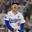 Los Angeles Dodgers pitcher Yoshinobu Yamamoto celebrates