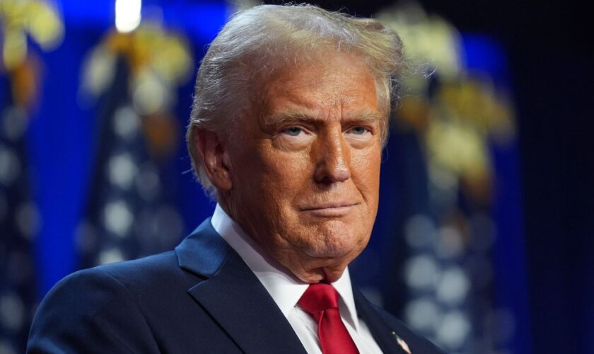 Republican presidential nominee former President Donald Trump arrives at an election night watch party at the Palm Beach Convention Center, Wednesday, Nov. 6, 2024, in West Palm Beach, Fla. Pic: AP