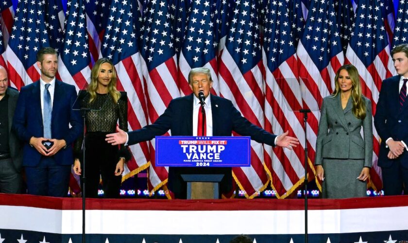 Former US President and Republican presidential candidate Donald Trump speaks during an election night event at the West Palm Beach Convention Center in West Palm Beach, Florida, on November 6, 2024. Republican former president Donald Trump closed in on a new term in the White House early November 6, 2024, just needing a handful of electoral votes to defeat Democratic Vice President Kamala Harris. (Photo by Jim WATSON / AFP)