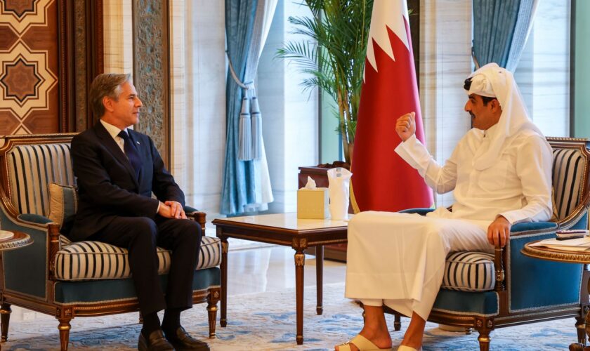 US Secretary of State Antony Blinken meets with Qatari Emir Sheikh Tamim bin Hamad al-Thani at Lusail Palace in Doha, Qatar, Wednesday, June 12, 2024. (Ibraheem Al Omari/Pool Photo via AP)