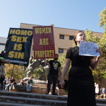 Texas campus in uproar after protesters hold signs declaring ‘women are property’ on quad after Trump victory