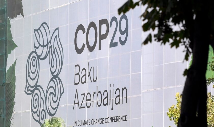 Le logo de la conférence sur le climat COP29 sur la façade d'un bâtiment en cours de rénovation à Bakou, le 11 septembre 2024 en Azerbaïdjan