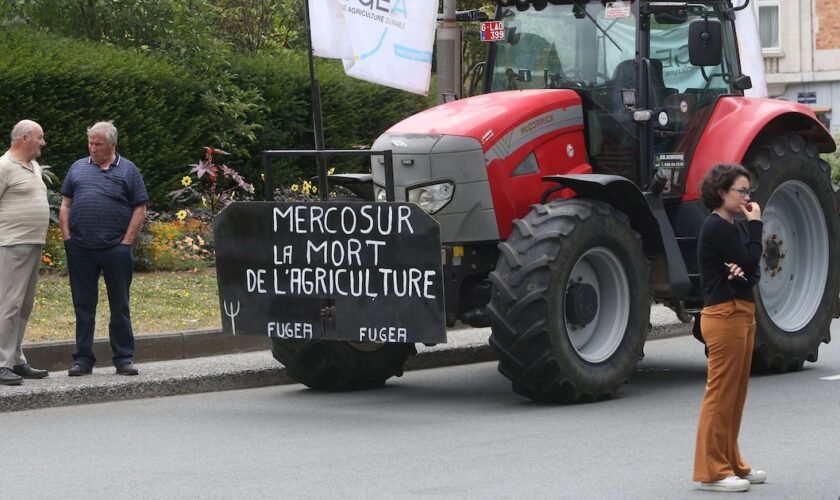 Des fermiers belges manifestent contre l'accord de libre-échange entre l'UE et le Mercosur devant le siège de la Commission européenne à Bruxelles, le 11 juillet 2019