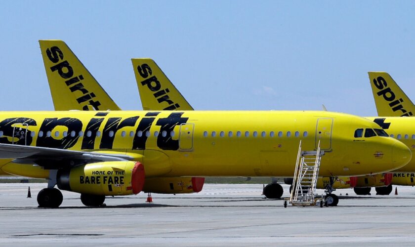 FILE - A line of Spirit Airlines jets sit on the tarmac at Orlando International Airport on May 20, 2020, in Orlando, Fla. (AP Photo/Chris O'Meara, File)