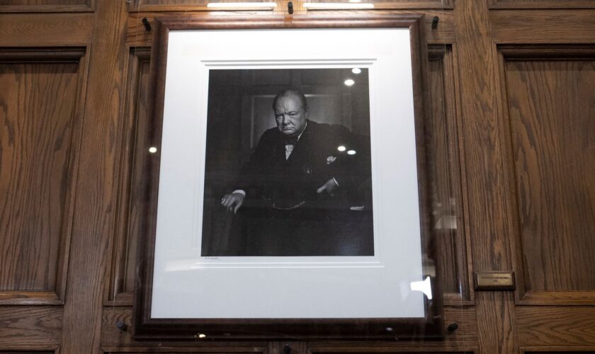 Yousuf Karsh's 1941 portrait of Winston Churchill, which he gifted to the Fairmont Chateau Laurier, is seen after being unveiled at the hotel following its theft and return, Friday, Nov. 15, 2024 in Ottawa, Ontario. (Adrian Wyld/The Canadian Press via AP)