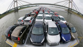 Newly manufactured Ford Fiesta cars are seen on the deck of the car transport ship "Tossa" as it travels along the Rhine, from a Ford plant in the German city of Cologne to the Dutch seaport of Vlissingen, close to Nimwegen in the Netherlands September 13, 2013. A surge in UK auto sales and an extra working day boosted Europe's new car market in September, providing fresh evidence that demand is slowly bottoming out after plumbing lows not seen in over 20 years. Automotive industry association ACEA said on Wednesday that new car registrations in Europe climbed 5.5 percent to 1.19 million vehicles in September, only the third month a gain was recorded in the past two years. Picture taken September 13, 2013. REUTERS/Wolfgang Rattay (GERMANY - Tags: BUSINESS INDUSTRIAL TRANSPORT MARITIME) ..ATTENTION EDITORS: PICTURE 10 OF 17 FOR PACKAGE  'FORD - A JOURNEY DOWN THE RHINE' .SEARCH 'FORD RHINE' FOR ALL IMAGES