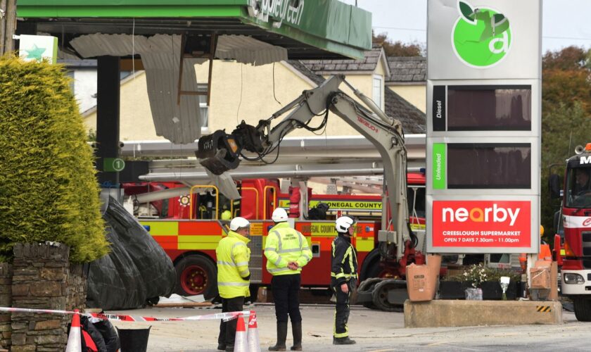 Emergency services at the scene of the explosion in the village of Creeslough, in County Donegal. Pic: Reuters