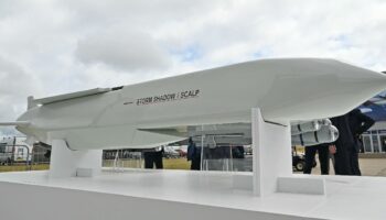 Un missile de croisière franco-britannique Storm Shadow / Scalp au salon de Farnborough près de Londres le 22 juillet 2024