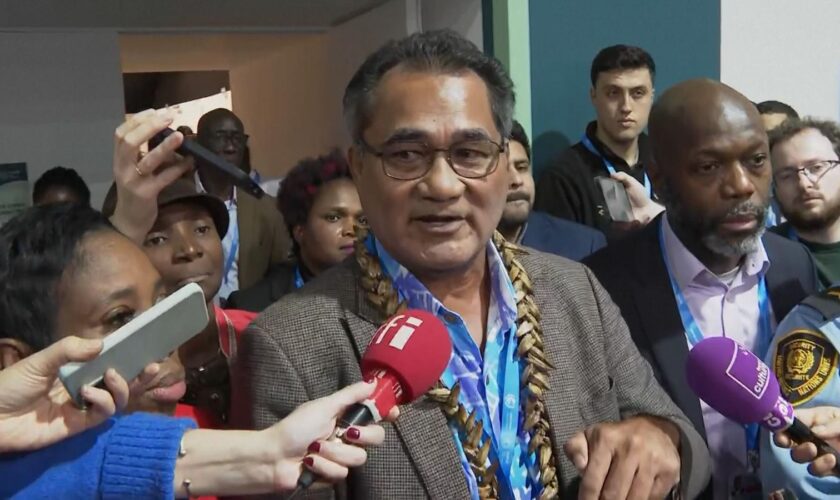 Samoa's minister of natural resources and environment speaks to reporters after walking out of COP negotiations