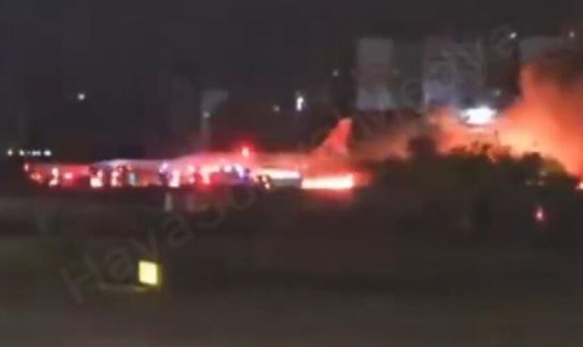 Russian plane catches fire after landing in Turkey