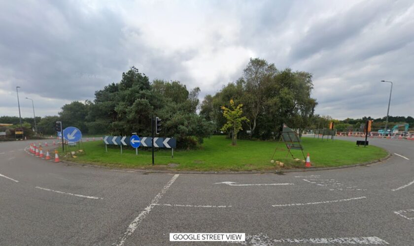 The roundabout where the A4174 joins Badminton Road, in Emersons Green