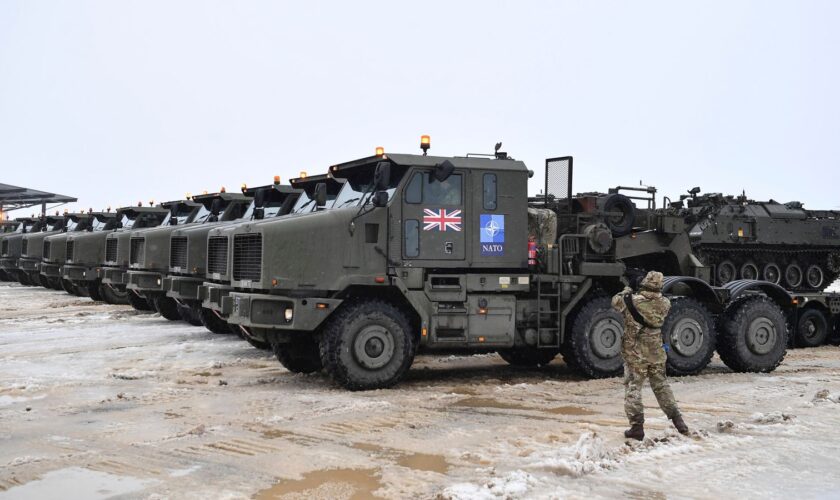 British military vehicles at the NATO base in Tapa in February 2022. Pic: AP