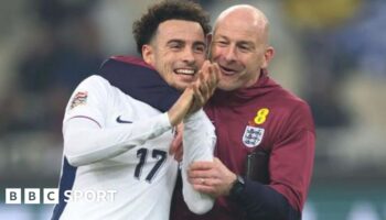 England interim manager Lee Carsley celebrates with debutant goalscorer Curtis Jones after the win in Greece