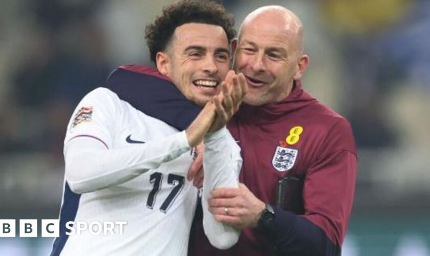 England interim manager Lee Carsley celebrates with debutant goalscorer Curtis Jones after the win in Greece