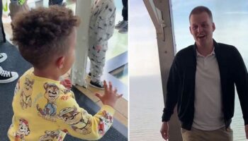 Adorable moment toddler 'tries to save' dad from falling through glass walkway