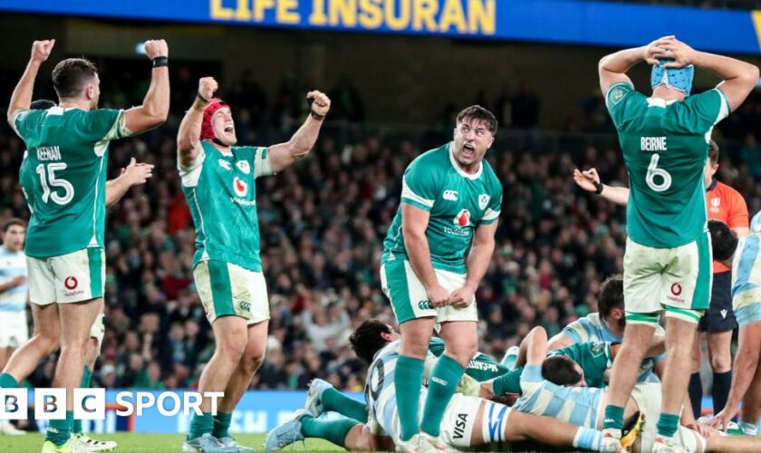 Ireland players celebrate at the final whistle