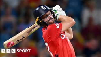 England captain Jos Buttler bats during the second T20 against West Indies in Barbados