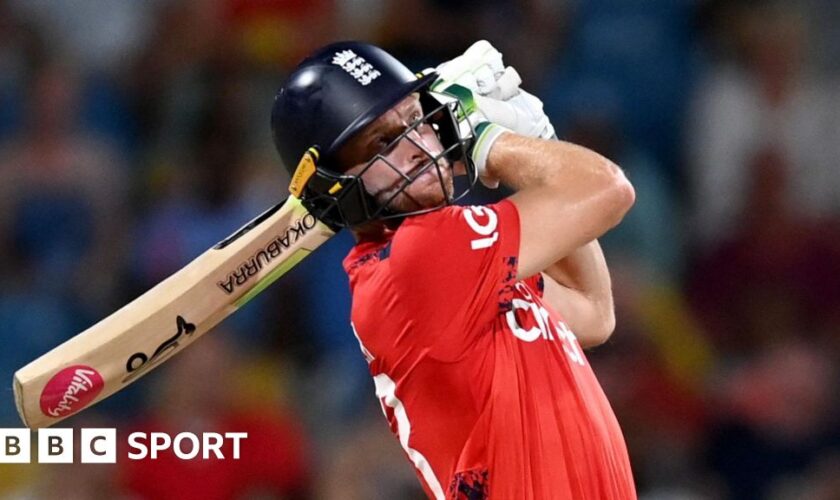 England captain Jos Buttler bats during the second T20 against West Indies in Barbados