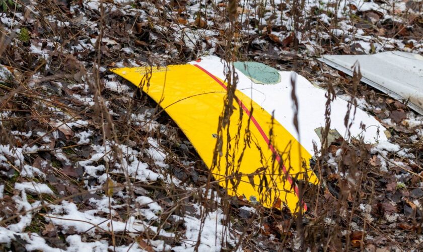 Auf einem Trümmerteil des abgestürzten Flugzeugs sind die DHL-Farben zu sehen. Foto: Mindaugas Kulbis/AP