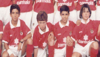 Ruben Amorim (left) pictured in the Benfica boys' team along with friends Bruno Simao (second right) and Pedro Russiano (right)