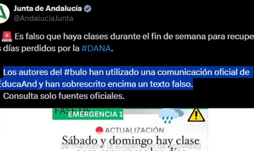 La Junta de Andalucía desmiente que haya clases este fin de semana para recuperar los días perdidos por la DANA