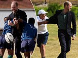 Prince William shows off his rugby skills and is tackled by Springbok legend Joel Stranksy during visit to South African township