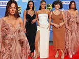 Rita Ora wows in a dusty pink feathered gown as she joins leggy Maya Jama, Vick Hope and Raye on the star-studded MTV EMAs red carpet in Manchester