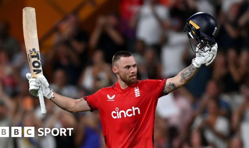 England opener Phil Salt raises his bat and helmet after hitting a century