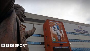 General view of Ewood Park, the home of Blackburn Rovers, from the side of the Jack Walker statue