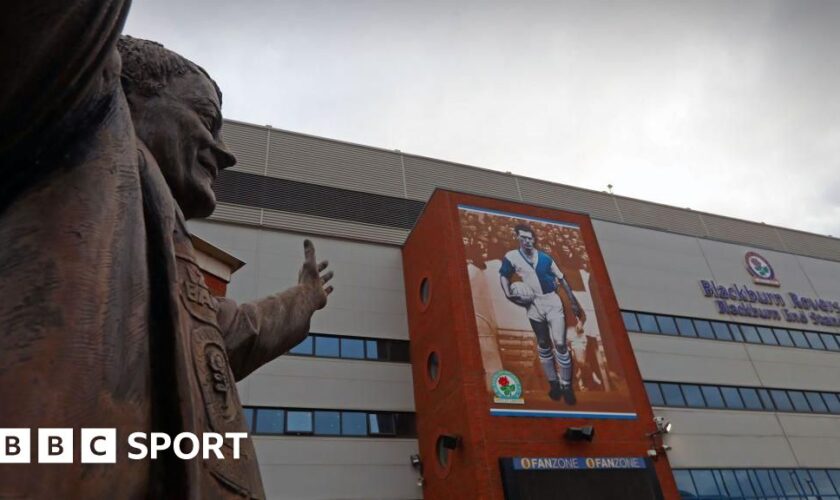 General view of Ewood Park, the home of Blackburn Rovers, from the side of the Jack Walker statue