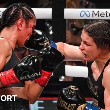 Amanda Serrano is punched in the face by Katie Taylor