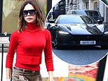 Victoria Beckham cuts a stylish figure in a red jumper and brown trousers as she heads to her Dover Street store in her flashy £227,000 Ferrari