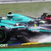 Spray comes up from Lewis Hamilton's Mercedes as he attempts to pass Aston Martin's Fernando Alonso during the 2024 Sao Paulo Grand Prix