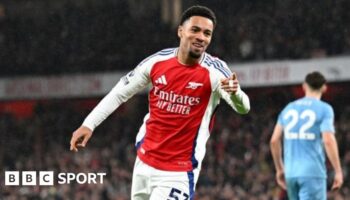 Ethan Nwaneri celebrates scoring for Arsenal against Nottingham Forest in the Premier League