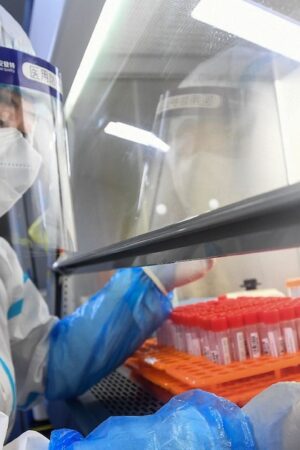 Un technicien travaille sur des prélèvements de tests Covid dans un laboratoire de Wuhan, le 4 août 2021 en Chine