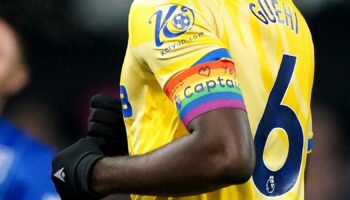 Crystal Palace's Marc Guehi wearing the Rainbow Laces captain's armband. Pic: PA