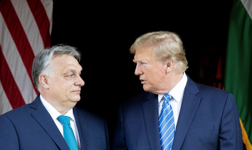 Cette photographie, prise et publiée le 8 mars 2024 par le bureau de presse du Premier ministre hongrois, montre le Premier ministre hongrois Viktor Orban (à gauche) et l'ancien président américain et candidat républicain à la présidentielle, Donald Trump, lors de leur rencontre à la résidence de Trump à Mar-a-Lago à Palm Beach, en Floride.